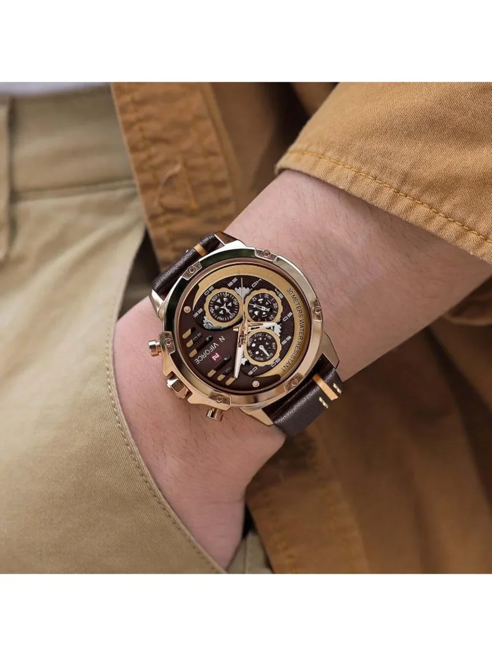Mens Rose Gold Coffee Brown Analog Leather Band Waterproof Military Wrist Watch
